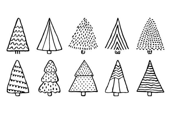 Black Line Christmas Tree Doodle Set: Illustrations for Crafters