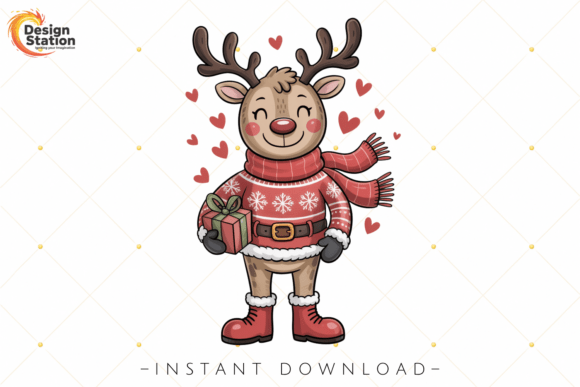 Christmas Cute Reindeer Holding Gift PNG Review