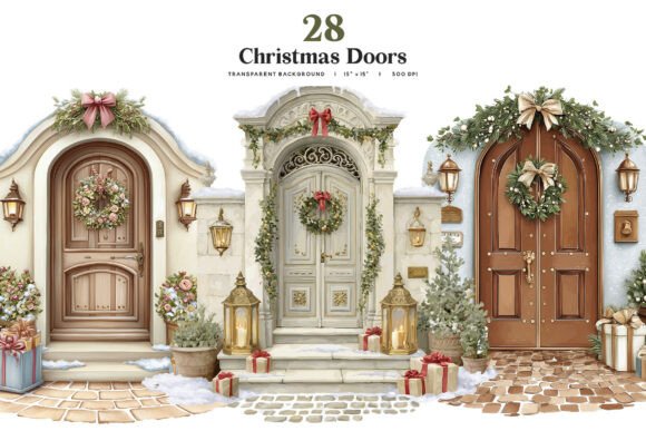 Christmas Door Clipart Bundle 28 PNG: Festive Illustrations for Crafters