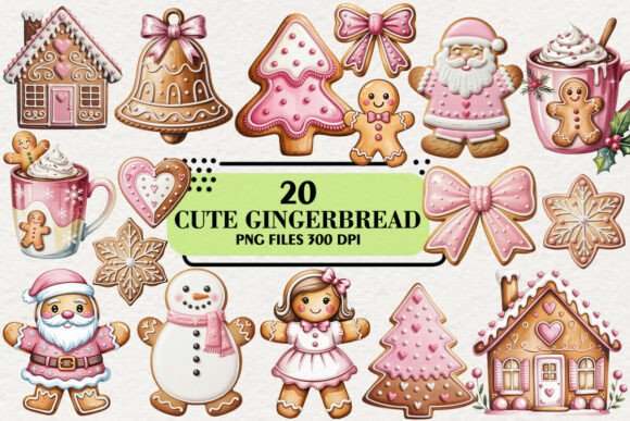 Kawaii Blush Pink Christmas Gingerbread Illustrations