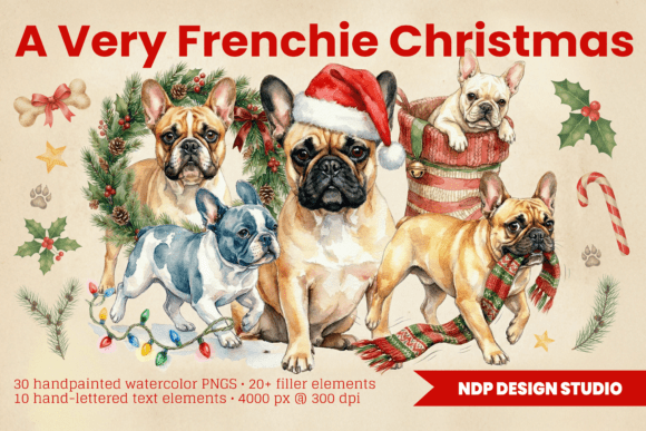 Vintage French Bulldog Christmas Illustrations