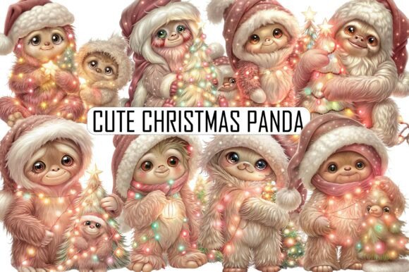 Watercolor Cute Christmas Panda Clipart & Illustrations