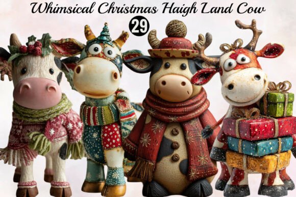 Whimsical Christmas Haigh Land Cow Illustrations